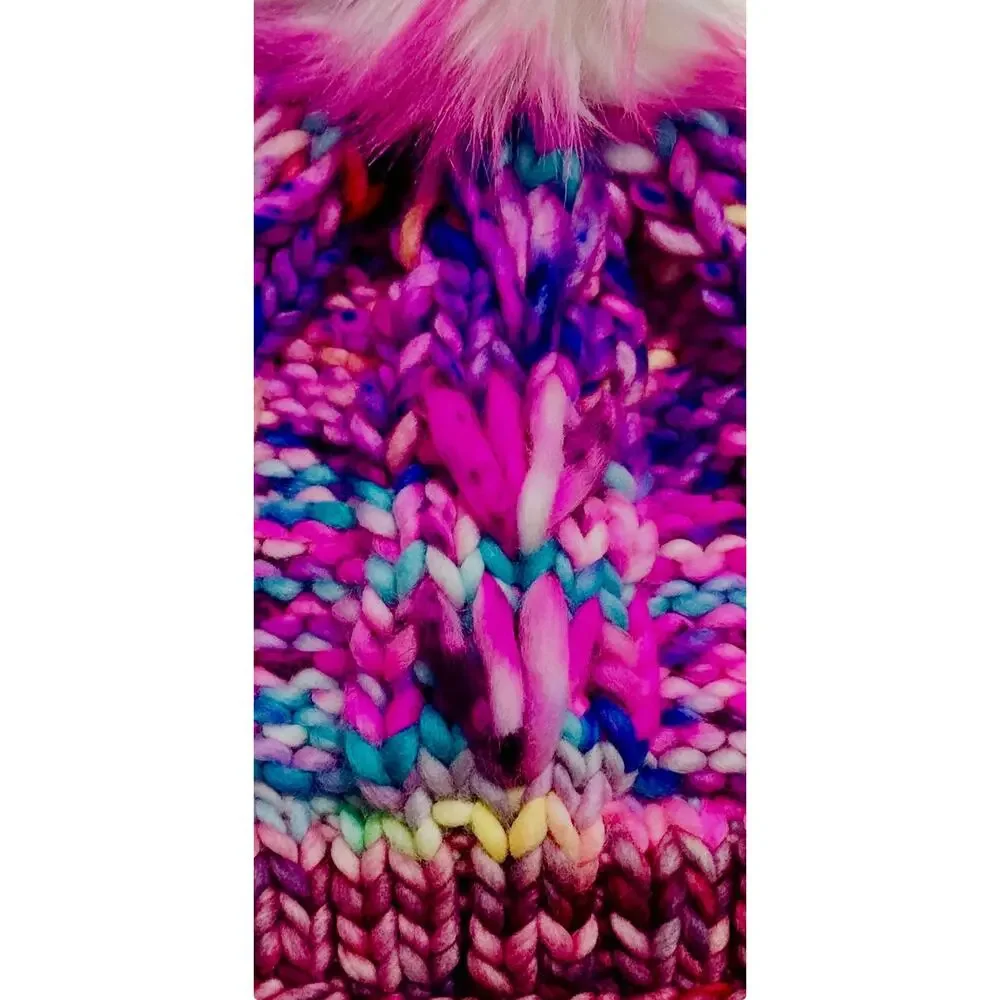 Hand Knit Merino Wool Scrappy Lake Erie Beanie: Faux Fur Pom - Adult Size